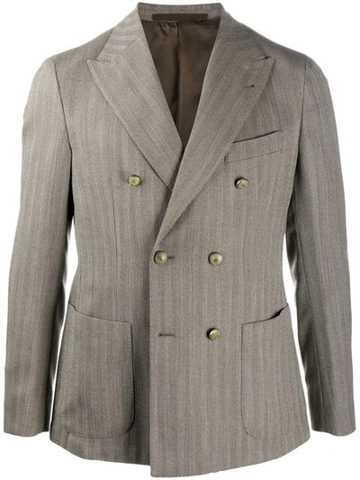 Shop Eleventy Herringbone Double-breasted Blazer In Brown