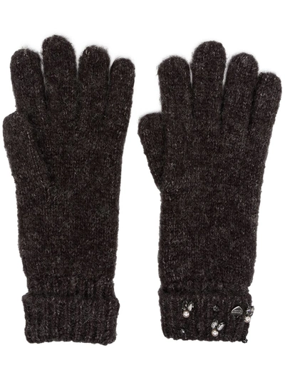 Shop Twinset Embellished Knit Gloves In Grey