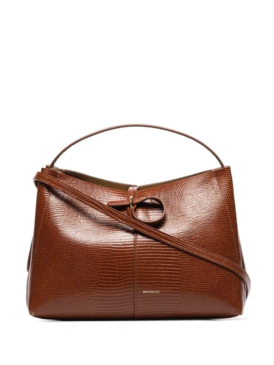 Shop Wandler Ava Lizard-effect Leather Shoulder Bag In Brown