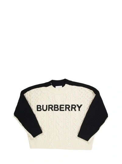 Shop Burberry Stef Embroidered Logo Cable Knit Wool Blend Sweater In White/black