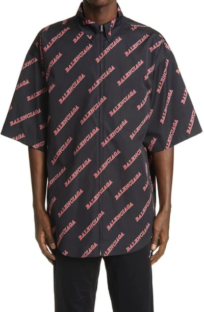 Shop Balenciaga Sporty Logo Zip Front Cotton Short Sleeve Button-down Shirt In Black/ Red