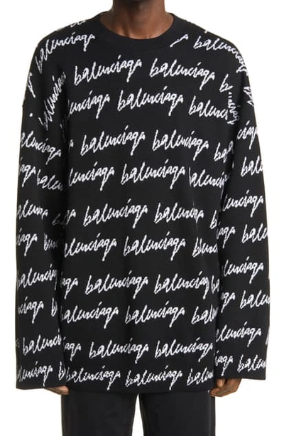 Shop Balenciaga Scribble Logo Jacquard Wool Blend Sweater In Black/ White