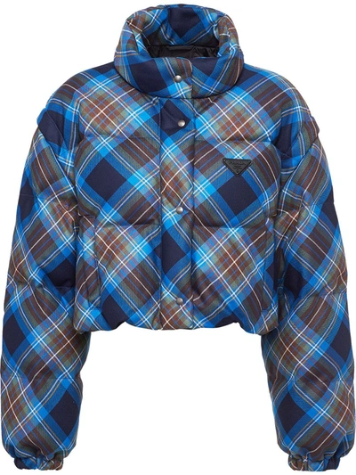 Shop Prada Plaid-print Puffer Jacket In Blue