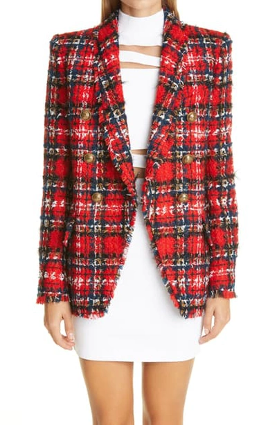 Shop Balmain Metallic Tartan Tweed Blazer In Rouge/ Multico