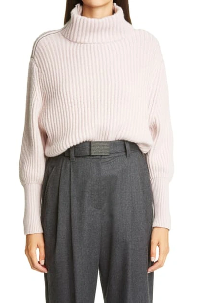 Shop Brunello Cucinelli Monili Shoulder Cashmere Turtleneck Sweater In C9433 Pastel Pink