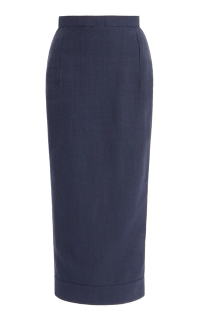 Shop Jacquemus Valerie Cutout Linen-blend High-rise Midi Skirt In Blue