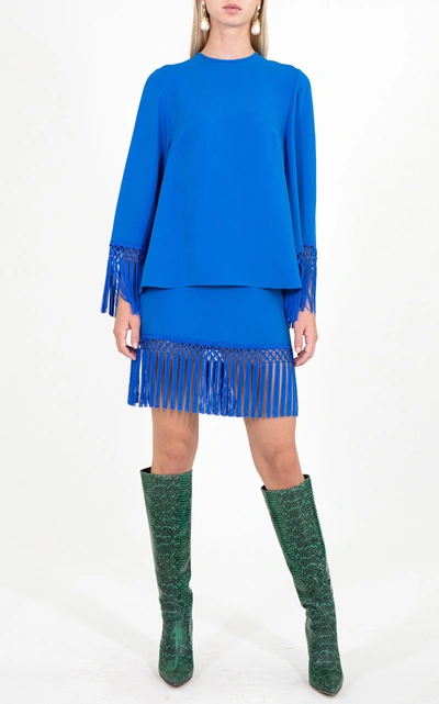 Shop Andrew Gn Fringed Crepe Top In Blue