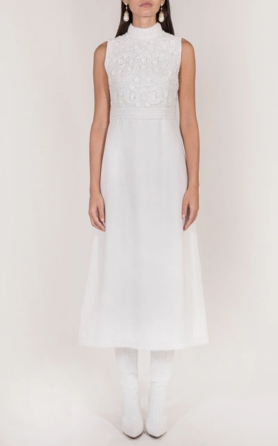 Shop Andrew Gn Embroidered Crepe Midi Dress In White