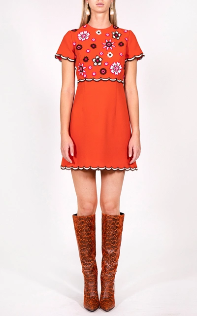 Shop Andrew Gn Floral Embroidered Crepe Mini Dress In Red