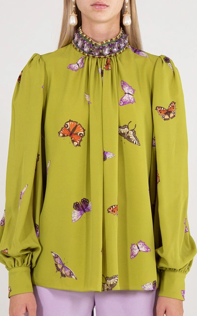 Shop Andrew Gn Embellished Floral Print Silk Top In Green