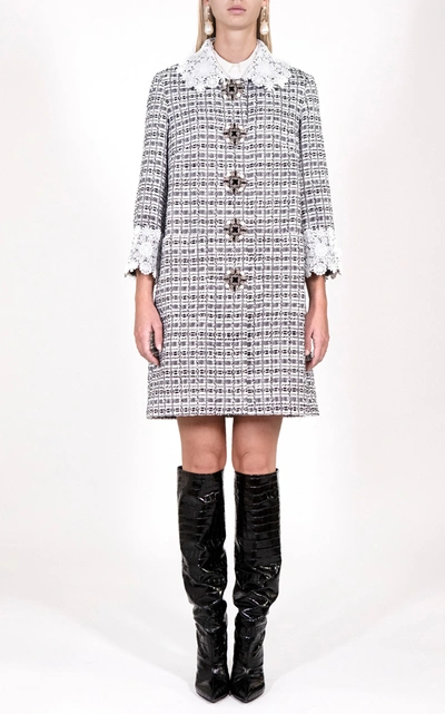 Shop Andrew Gn Embroidered Boucle Knit Coat In Black/white