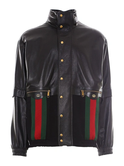 Shop Gucci Cotton Insert Leather Jacket In Black