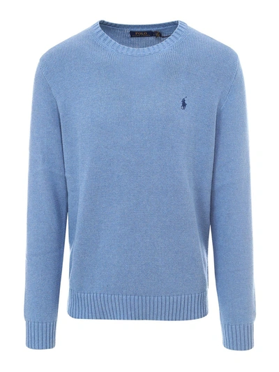 Shop Polo Ralph Lauren Embroidered Logo Cotton Sweater In Light Blue