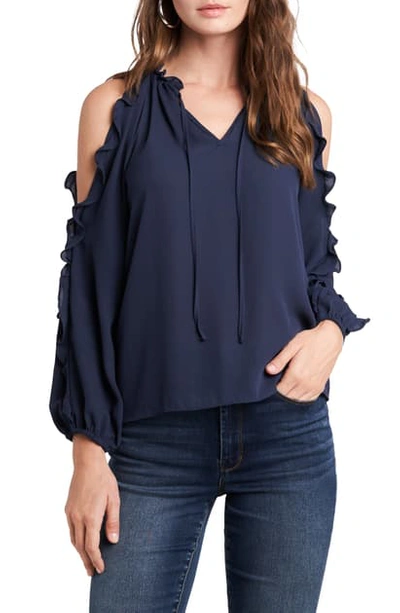 Shop 1.state Ruffle Trim Cold Shoulder Top In Mood Indigo