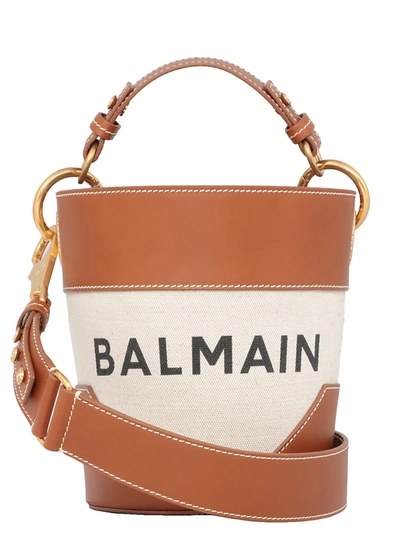 Shop Balmain Cotton Leather Bucket Bag In Naturel/brown