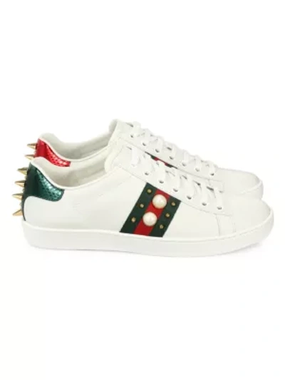 Shop Gucci Stud Web Leather Sneakers In Bianco