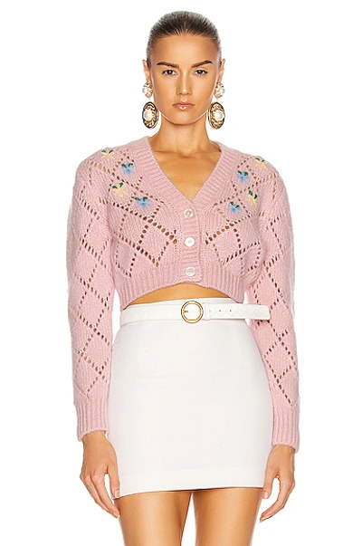 Shop Alessandra Rich Wool Cardigan With Floral Details In Pink