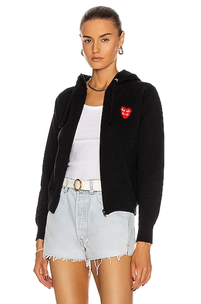 Comme Des Garçons Play Zipped Hoodie With Double Heart Patch In Black