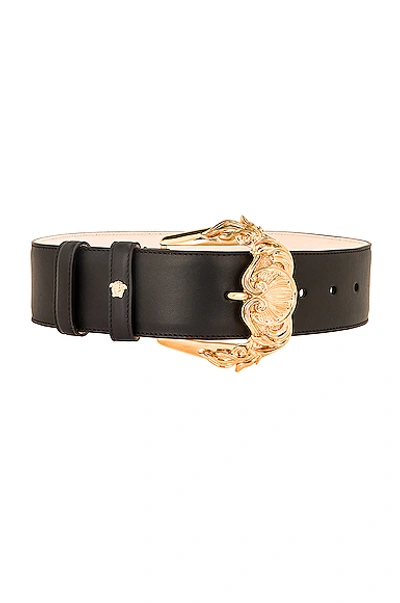 Shop Versace Leather Buckle Belt In Black & Gold