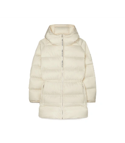 Shop Tory Sport Tory Burch Hooded Performance Satin Down Jacket In Ivory Pearl