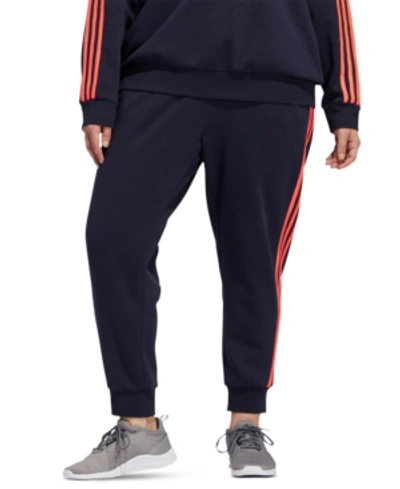 Shop Adidas Originals Adidas Plus Size 3 Stripe Essential Fleece Jogger In Legend Ink/signal Pink