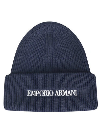 Shop Emporio Armani Embroidered Woven Beanie In Blue Navy