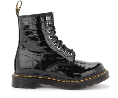 Shop Dr. Martens' 1460 8-holes Combat Boot Made Of Black Patent Leather With Crocodile Print In Nero