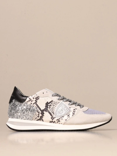 Shop Philippe Model Glitter Sneakers In Leather With Python Print In White