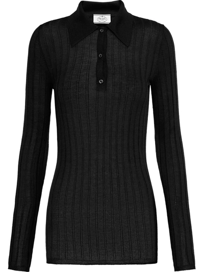 Shop Prada Ribbed-knit Polo Shirt In Black