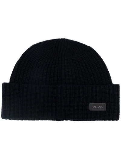 Shop Z Zegna Ribbed Knit Cashmere Beanie In Blue