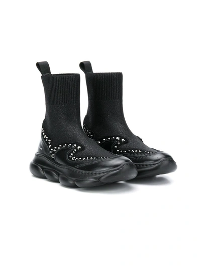 Shop Elie Saab Junior Teen Studded Sock-style Sneakers In Black