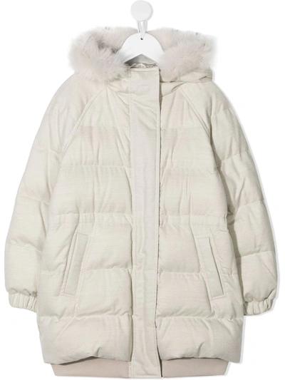 Shop Brunello Cucinelli Padded Jacket With Faux Fur Trim In Neutrals