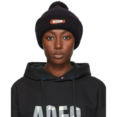 Shop Ader Error Black Crumple Leather Patch Beanie