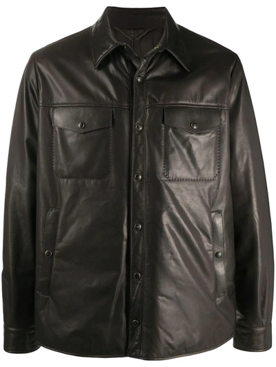 Shop Ajmone Leather Shirt Jacket In Brown