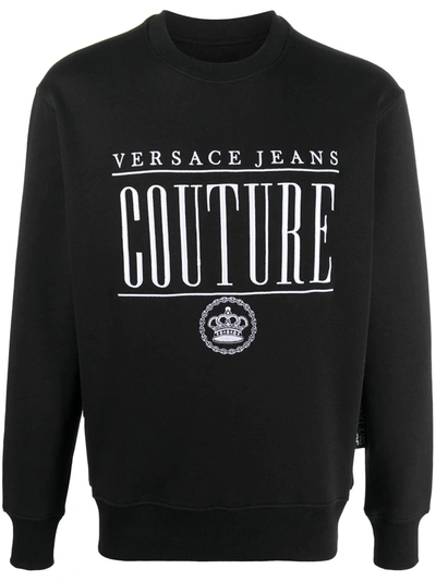 Shop Versace Jeans Couture Embroidered Logo Rib-trimmed Sweatshirt In Black