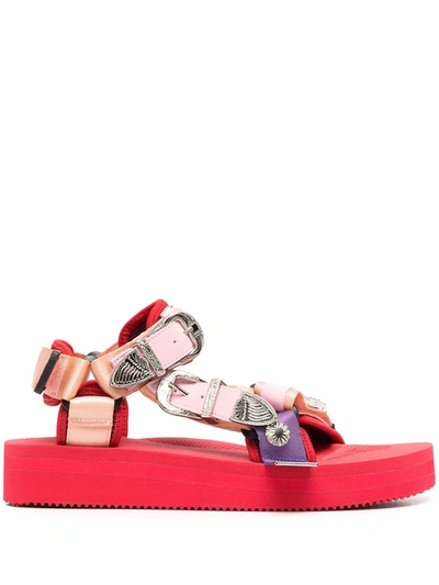 Shop Suicoke Buckle-embellished Flatform Sandals In Red