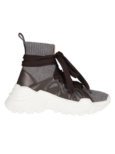 Shop Agnona Brown Leather And Grey Cashmere Sneakers In Multicolor