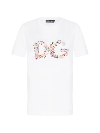 Shop Dolce & Gabbana Floral Logo Cotton T-shirt In Bianco Ottico