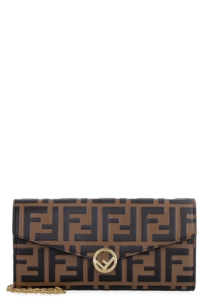 Shop Fendi Leather Wallet On Chain In Brown