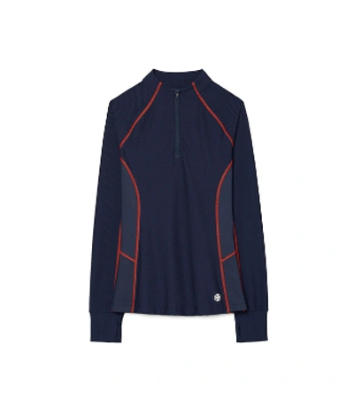 Shop Tory Sport Contrast-stitch Mesh Half-zip Pullover In Tory Navy/red