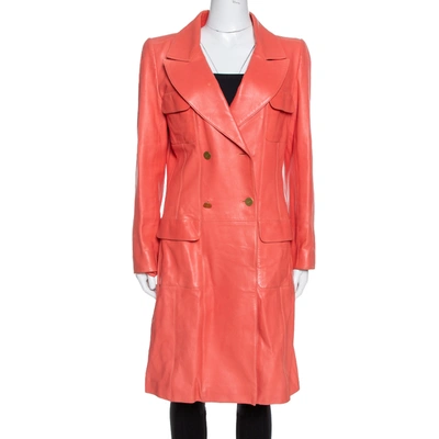 Pre-owned Chanel Coral Pink Leather Double Breasted Trench Coat L