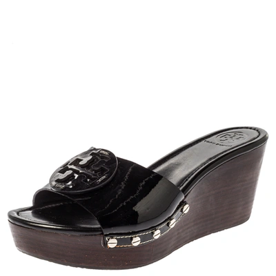 Pre-owned Tory Burch Black Patent Leather Wedge Open Toe Clog Sandals Size  40 | ModeSens