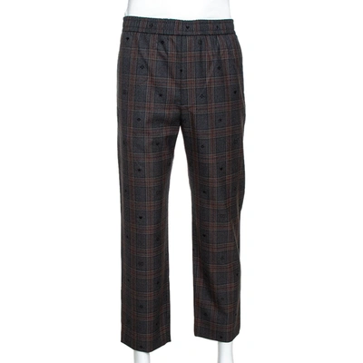 Pre-owned Gucci Grey Symbols Check Wool Elasticized Waist Pants L