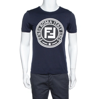 Pre-owned Fendi Navy Blue Ff Logo Print Cotton Crew Neck T-shirt S