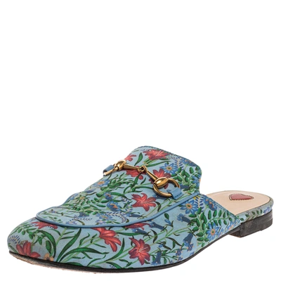 Pre-owned Gucci Blue Floral Print Satin Princetown Mules Size 38