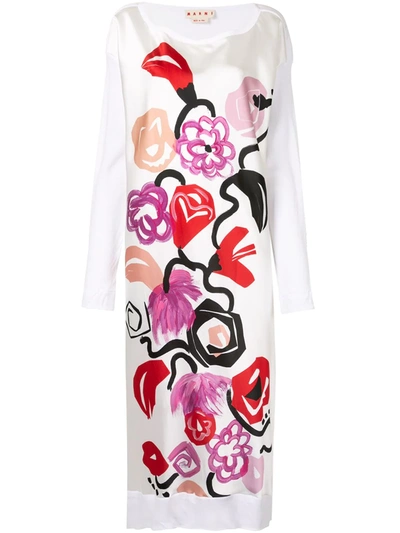 Shop Marni Floral Print Long-sleeve Dress In White