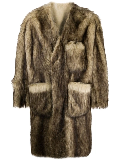 Shop Raf Simons Faux-fur Single-breasted Coat In Neutrals