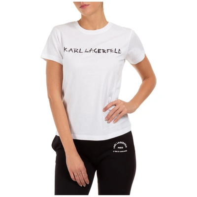 Shop Karl Lagerfeld Women's T-shirt Short Sleeve Crew Neck Round Graffiti Logo In White