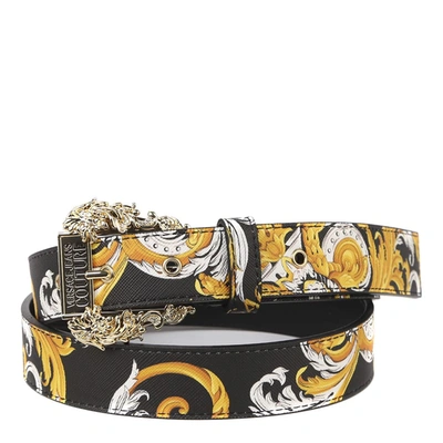 Shop Versace Jeans Couture Couture Belt With Baroque Logo Print In Black/gold