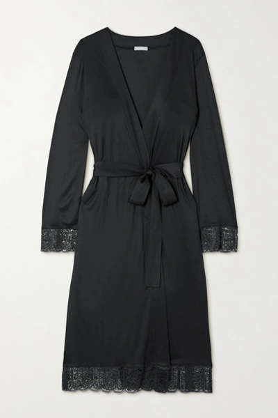 Shop Hanro Wanda Lace-trimmed Modal And Silk-blend Robe In Black